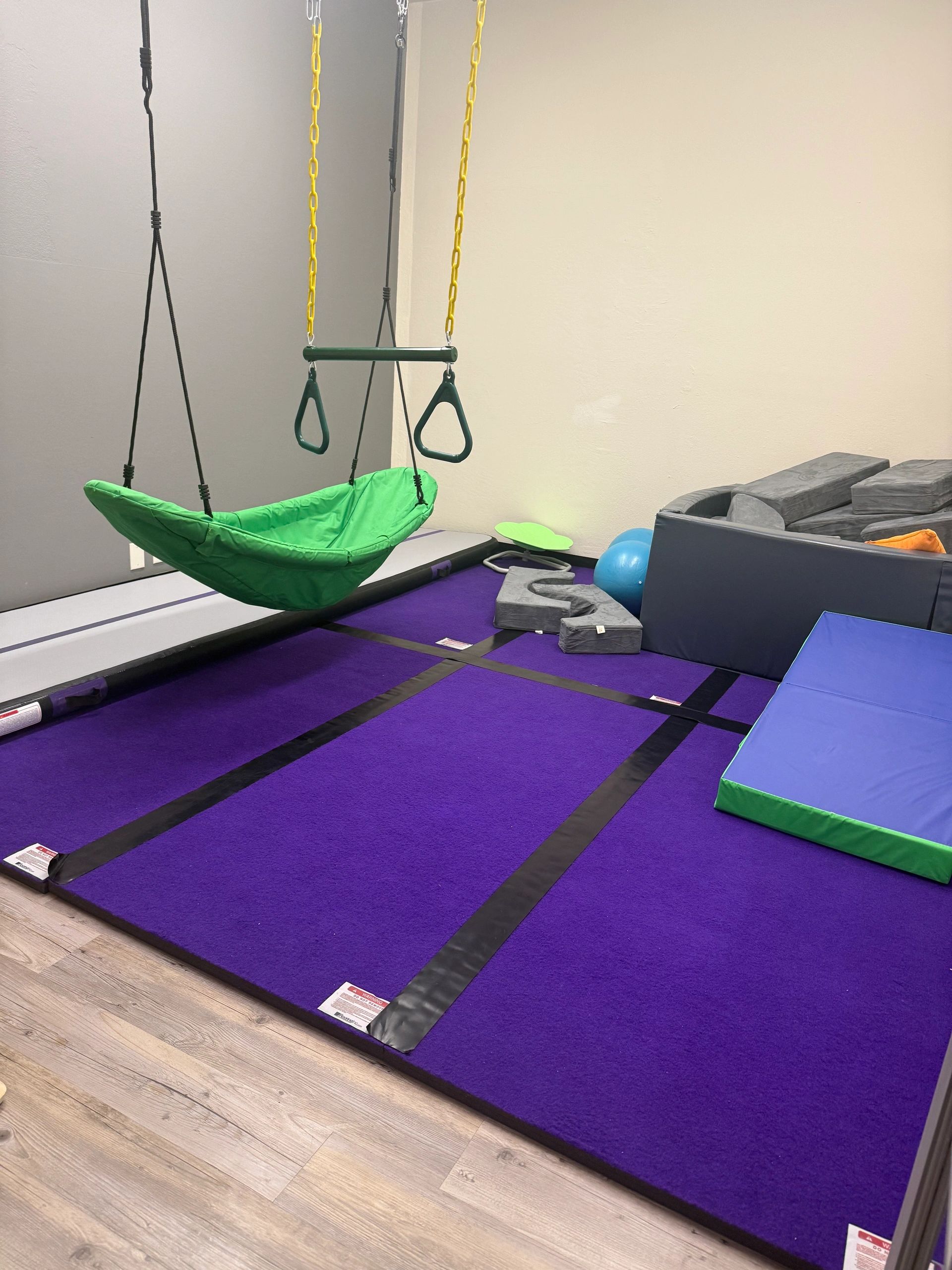 Calming sensory room with swing and therapeutic equipment